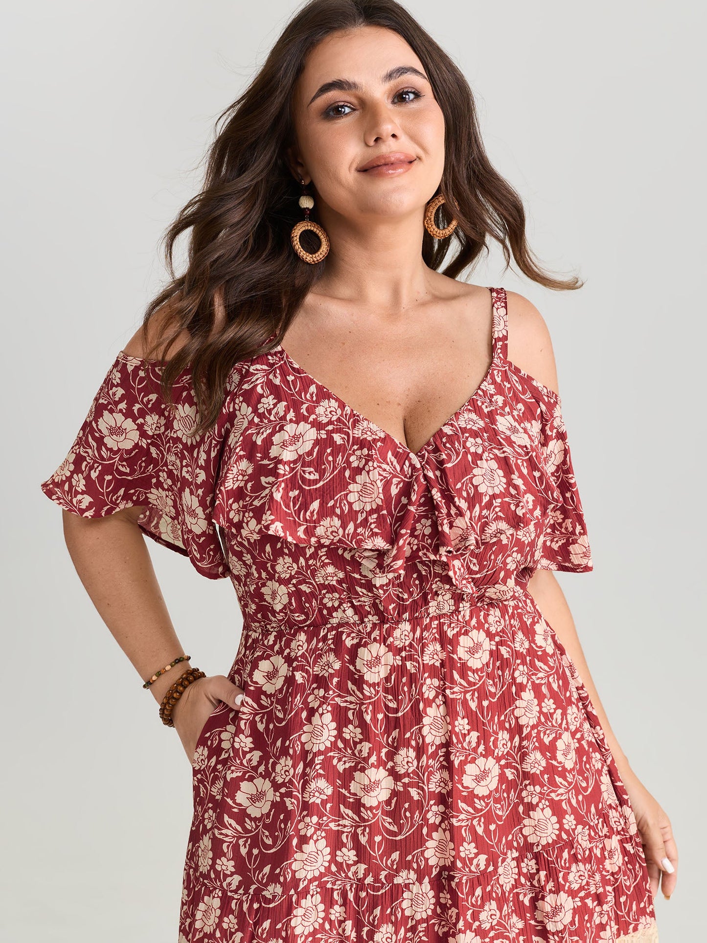 Floral Print Cold-Shoulder Ruffled Maxi Dress