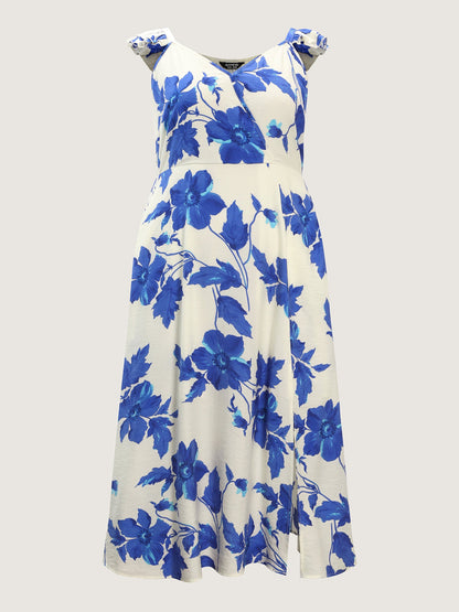 Floral Print Flutter Sleeve Cinched-Waist Midi Dress