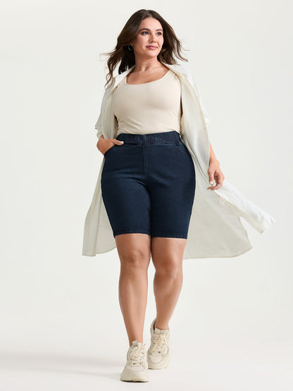 Elastic Back Waistband Skinny-Fit Denim Shorts