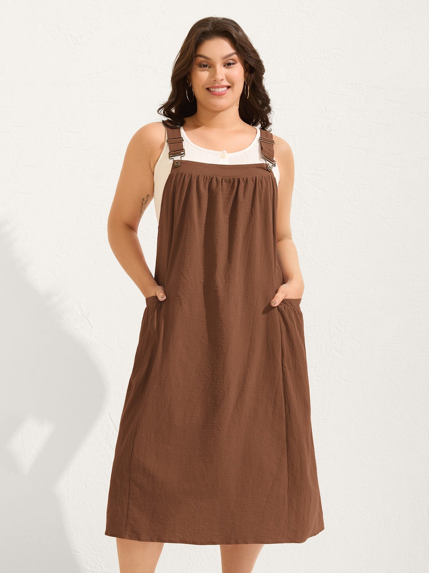 plus size Pure Cotton Pleated Pockets Midi Dress