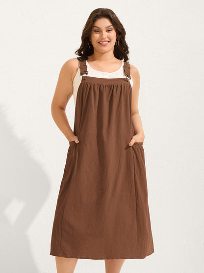 plus size Pure Cotton Pleated Pockets Midi Dress