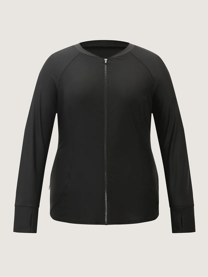 Zipper-Front Pockets Raglan Sleeve Swim Top
