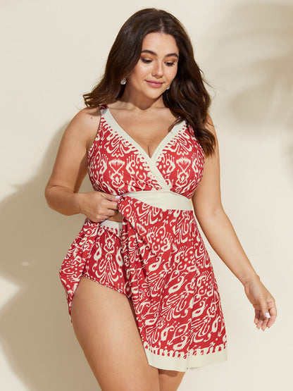 Boho Flower Print Surplice Swim Dress