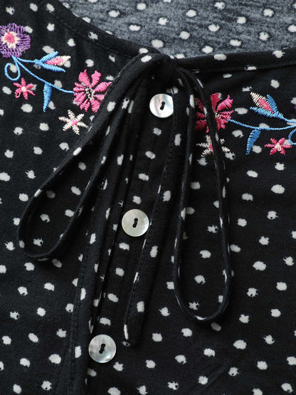 Colorful Floral Embroidered Neckline Polka Dot Top