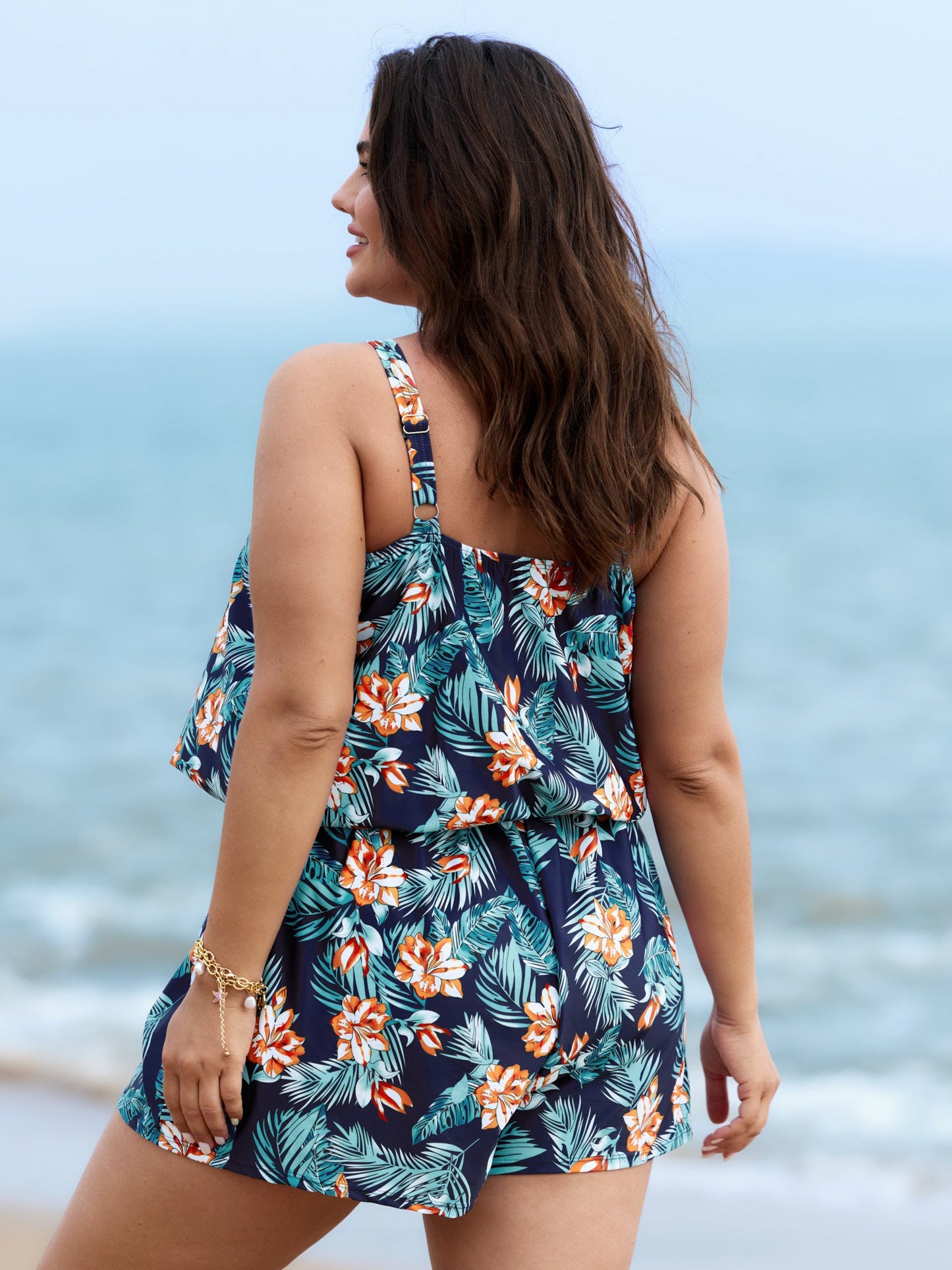 plus size Tropical Flower Print Pockets One-Piece Swimsuit