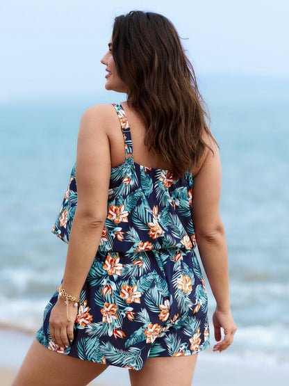 plus size Tropical Flower Print Pockets One-Piece Swimsuit