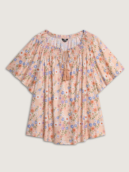 Sweet Floral Print Shirred Drawstring Neckline Top