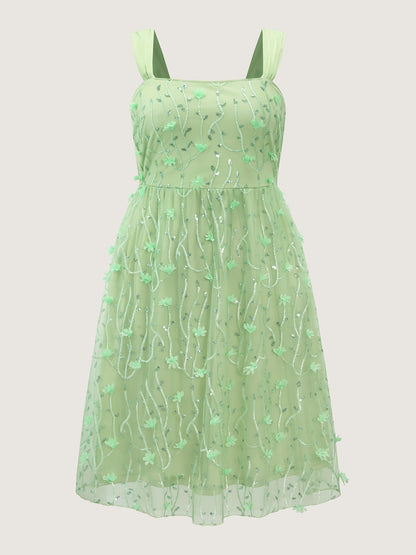 Floral Textured Square Neckline Lined Midi Dress