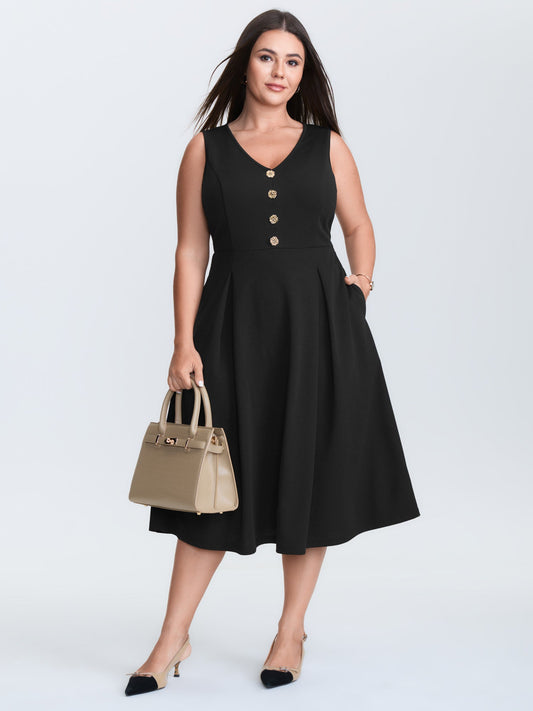 Floral Gold Button Pleated Midi Dress