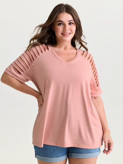 Cut-Out Sleeve V Neck T-Shirt