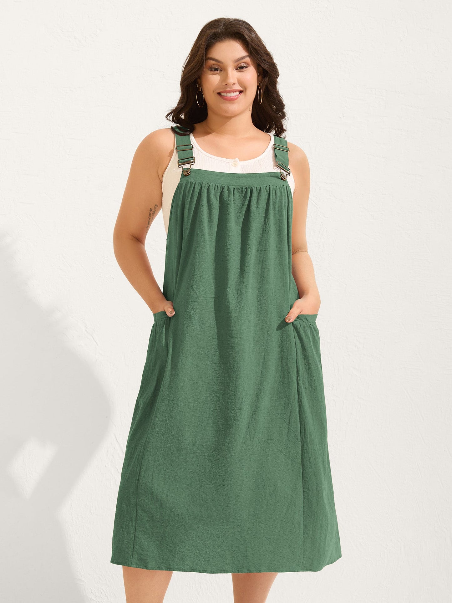 plus size Pure Cotton Pleated Pockets Midi Dress