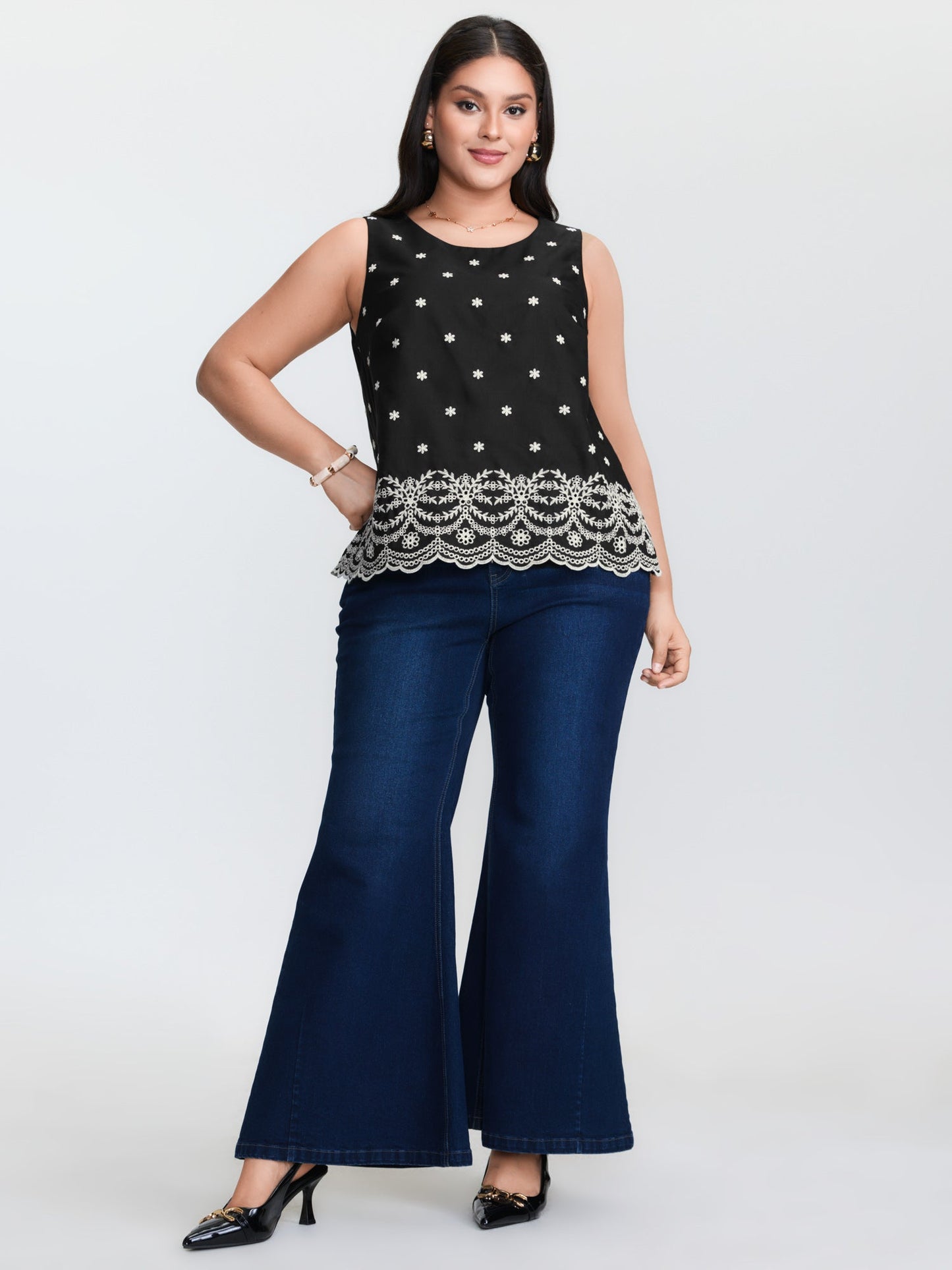 Cotton Monochrome Floral Embroidered Tank Top