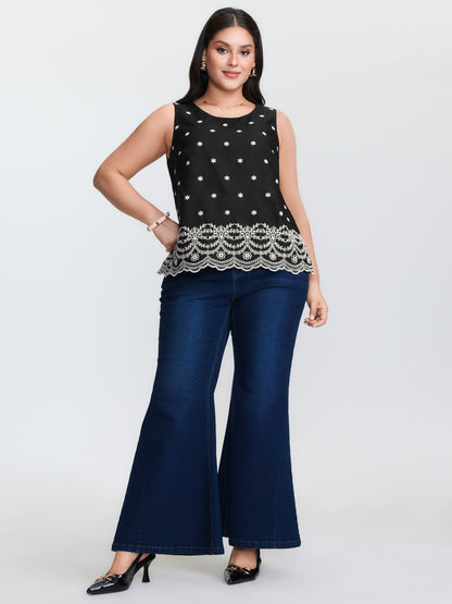 Cotton Monochrome Floral Embroidered Tank Top