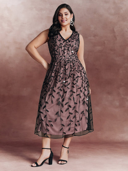 Sequin Embroidery Color Contrast V-Neck Midi Dress