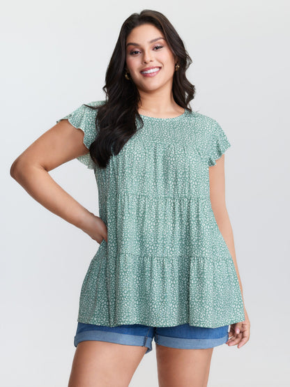 Leopard Print Tiered Flutter Sleeve Knit Top