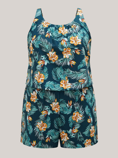 plus size Tropical Flower Print Pockets One-Piece Swimsuit