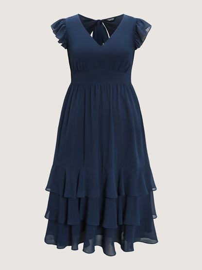 Backless Tie Layered Hem Flutter Sleeve Maxi Dress