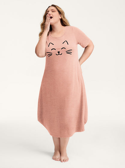 Happy Cat Print Stretchy Contrast Nightgown