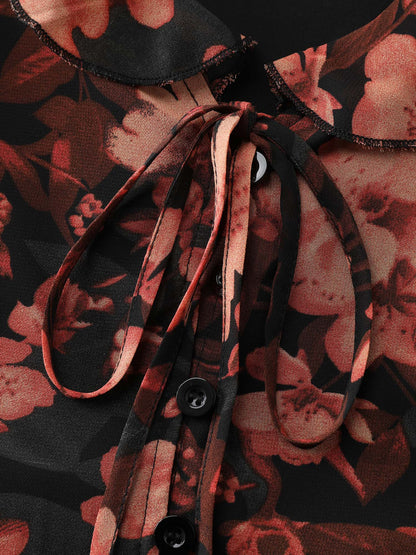 Floral Print Ruffled Neckline Blouse