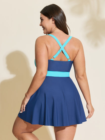 Color Contrast Twist Front Swim Dress