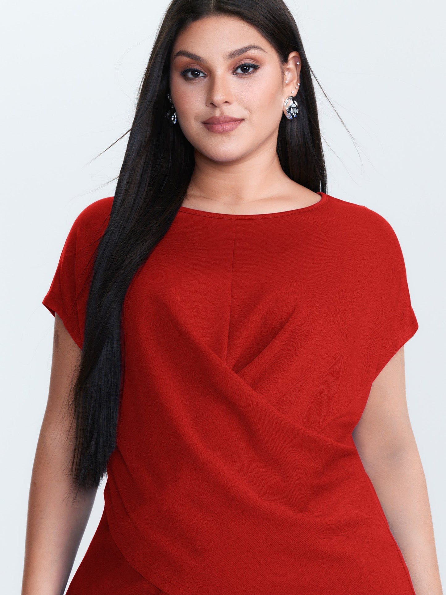 Twist-Front Boat Neckline Plain Knit Top