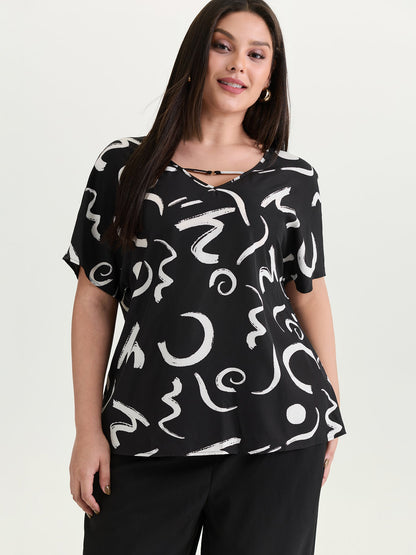 Abstract Print Cut-Out Neckline Blouse