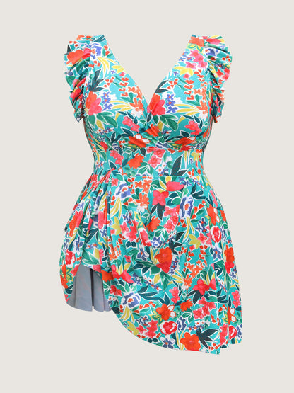 Anti-Float Tie Ruffled Floral Swim Dress