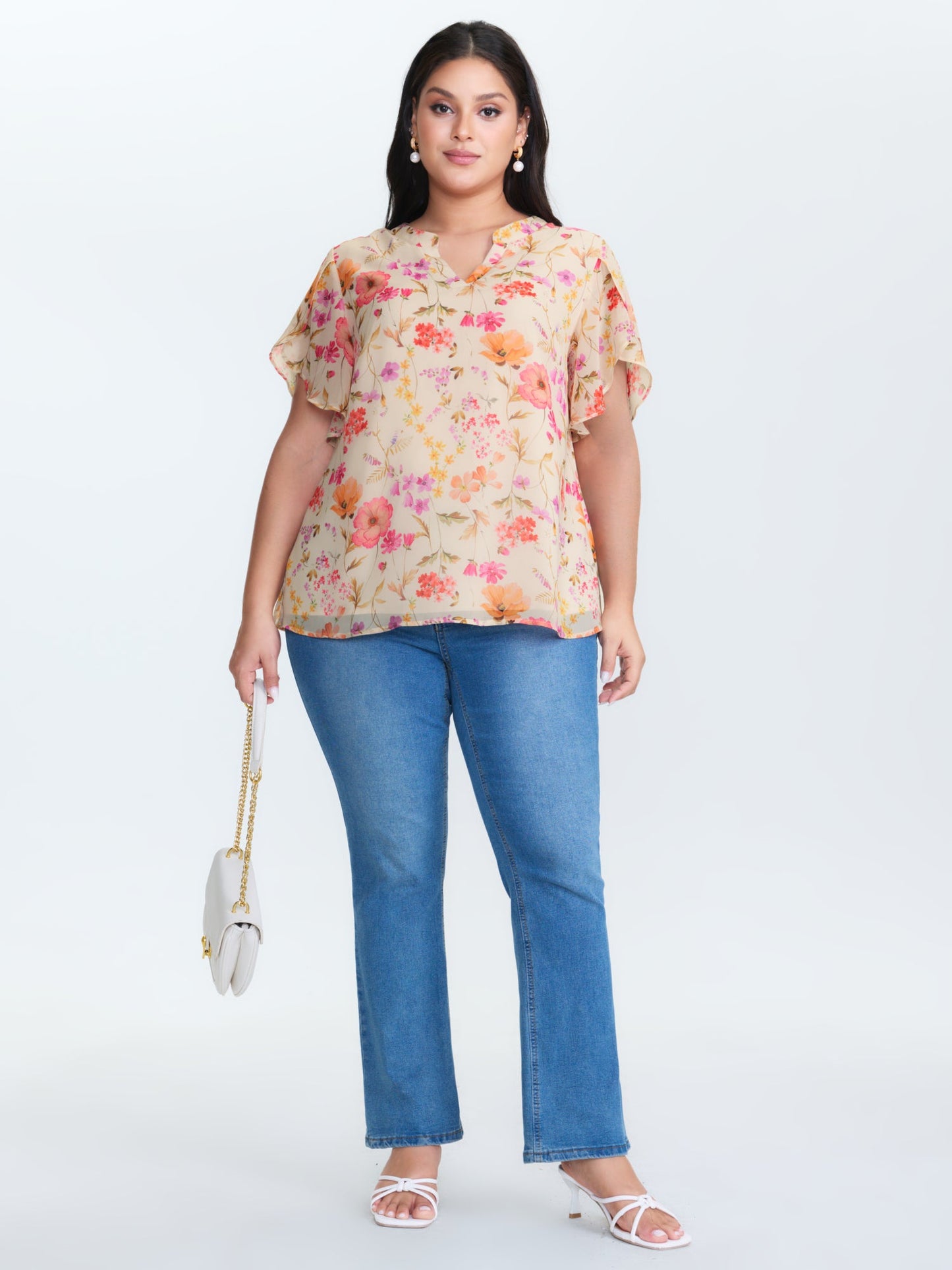 Sweet Floral Print Petal Sleeve Blouse