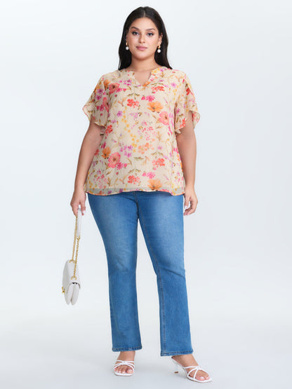 Sweet Floral Print Petal Sleeve Blouse