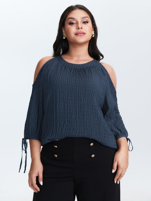 Shoulder Cut-Out Textured Back-Tie Blouse