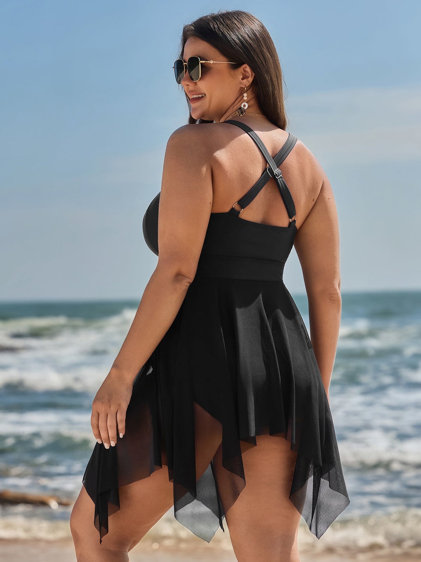 Mesh Knotted Front Adjustable Swim Dress