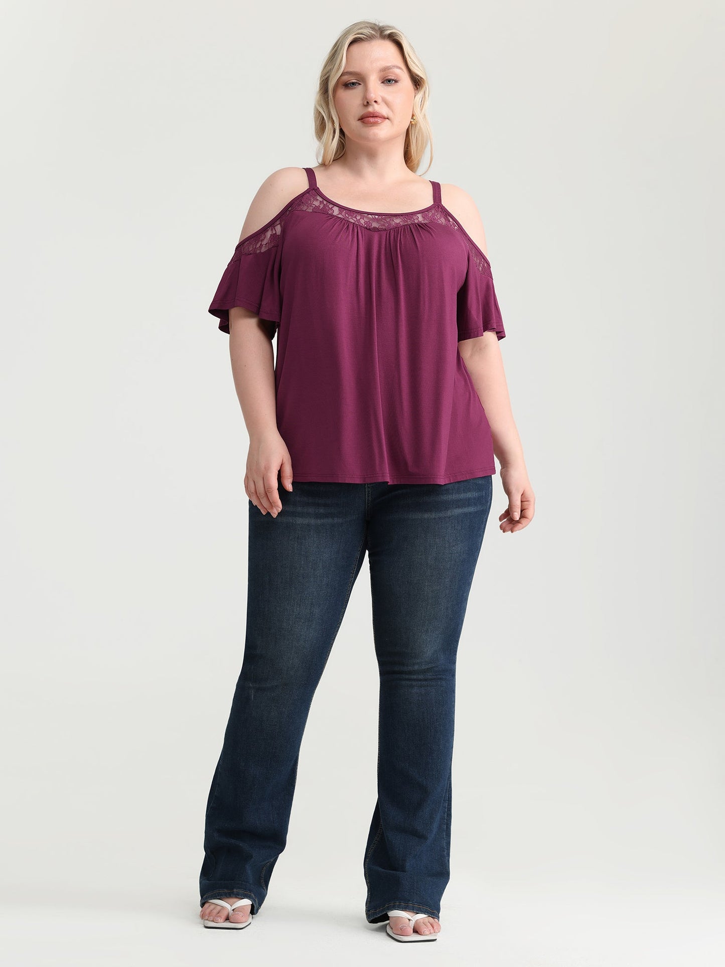 Cut-Out Shoulder Lace Trim Knit Top