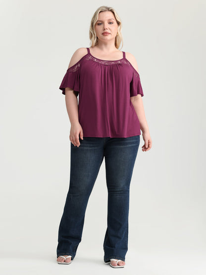 Cut-Out Shoulder Lace Trim Knit Top