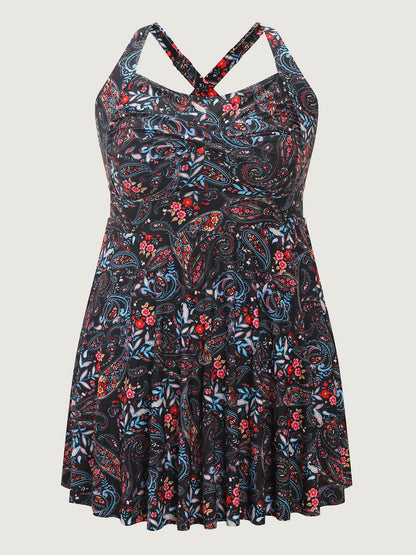 Paisley Print Crossstraps Pockets Swim Dress