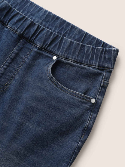 Pull-On Folded Hem Knee-Length Denim Shorts
