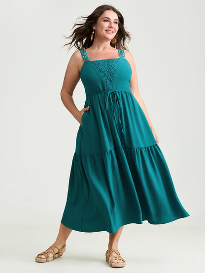Floral Lace Textured Neckline Wide Strap Midi Dress