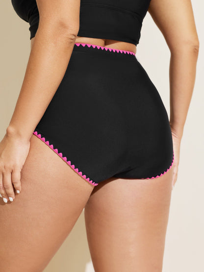 Color Contrast Embroidered Pleated Swim Bottoms
