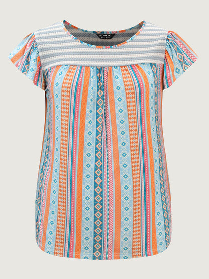 Geometric Print Ruffled Sleeve Knit Top