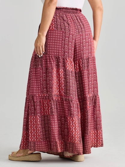 Geometric Print Flared Shirred Waist Pants