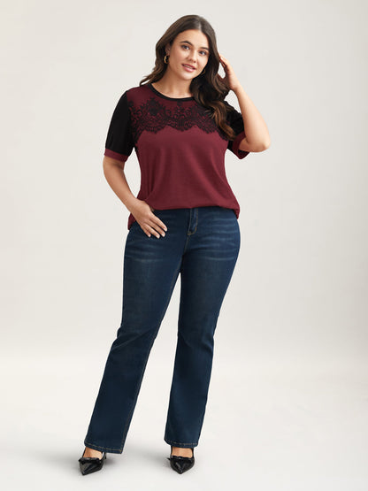 Stretchy Scalloped Lace Color Contrast T-Shirt