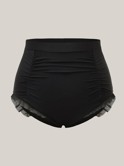 Ruched Mesh Seamed Ruffle Trim Swim Bottoms