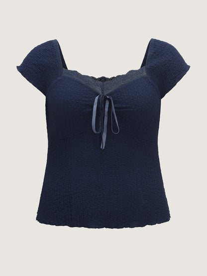 Textured Lace Trim Drawstring Fitted Top