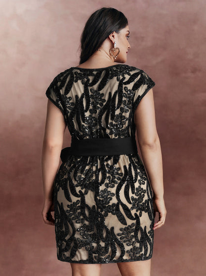 Sequin Mesh Belted Waist Mini Dress