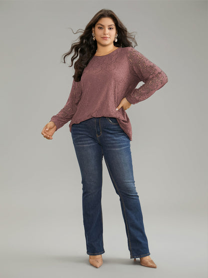 Solid Crochet Lace Mesh Crew Neck Blouse