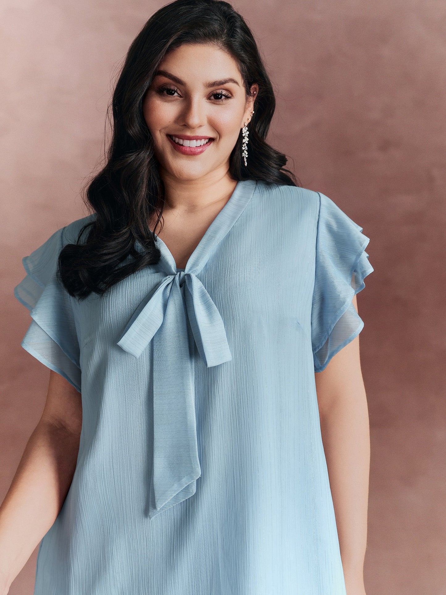 Ribbon Neckline Layered Sleeve Blouse
