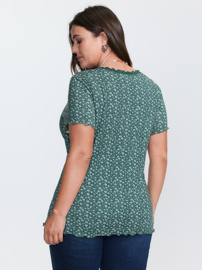 Floral Print Lace Neckline T-Shirt