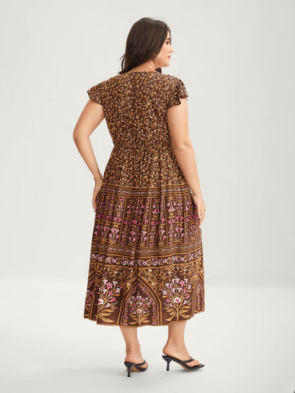 Rayon Garden Fresh Ruffled Sleeve Midi Dress
