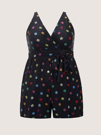 Floral Non-Removable Belt One-Piece Swimsuit