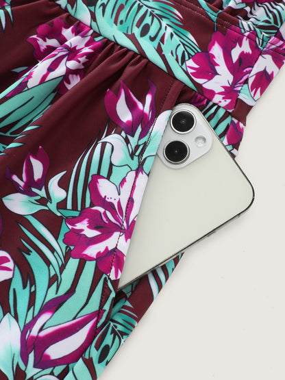 plus size Tropical Flower Print Pockets One-Piece Swimsuit