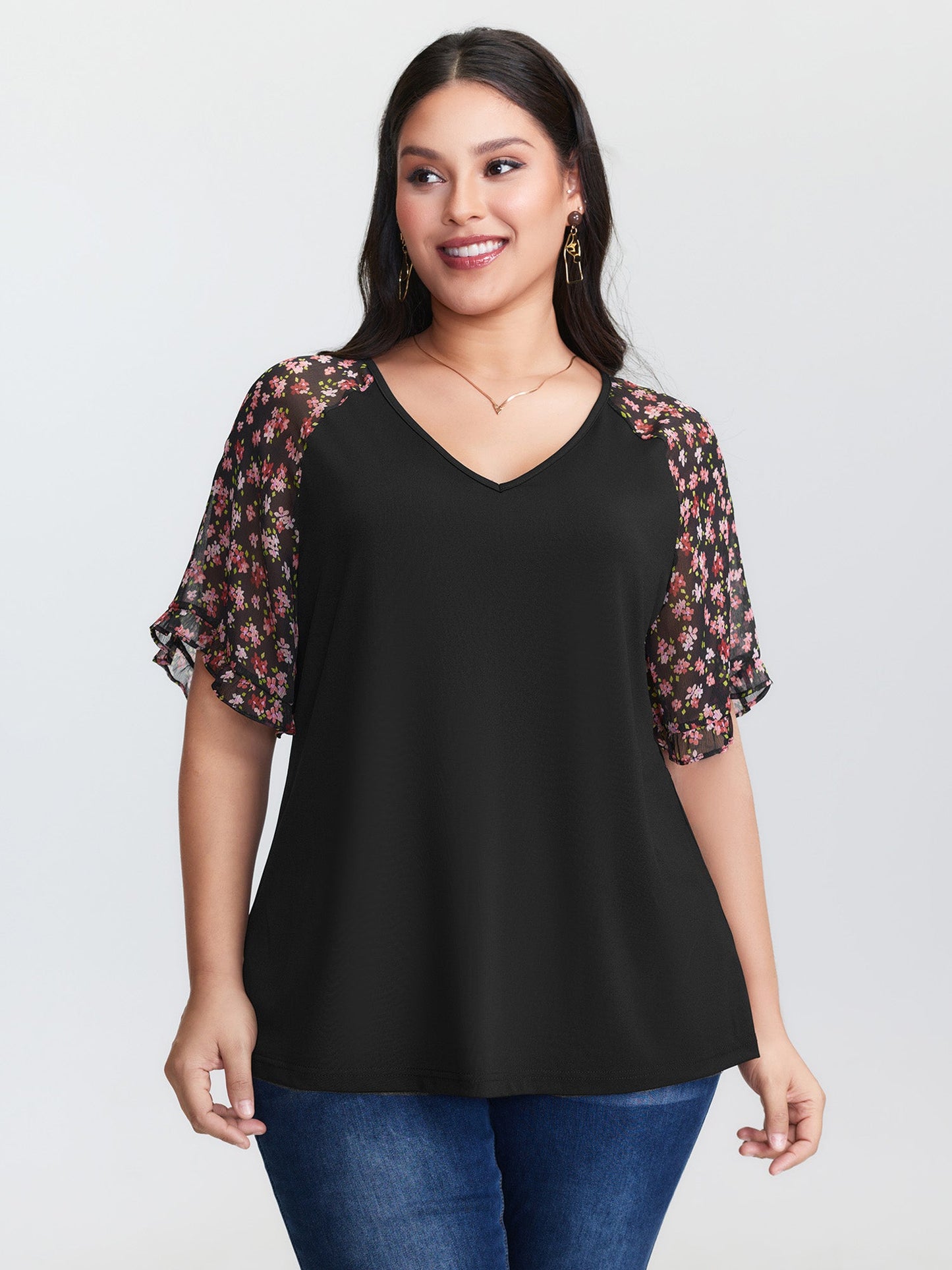 Sheer Floral Print Ruffled Cuff Sleeve Top